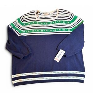Alfred Dunner Navy and Green embroidered and beaded Striped Sweater size 2X